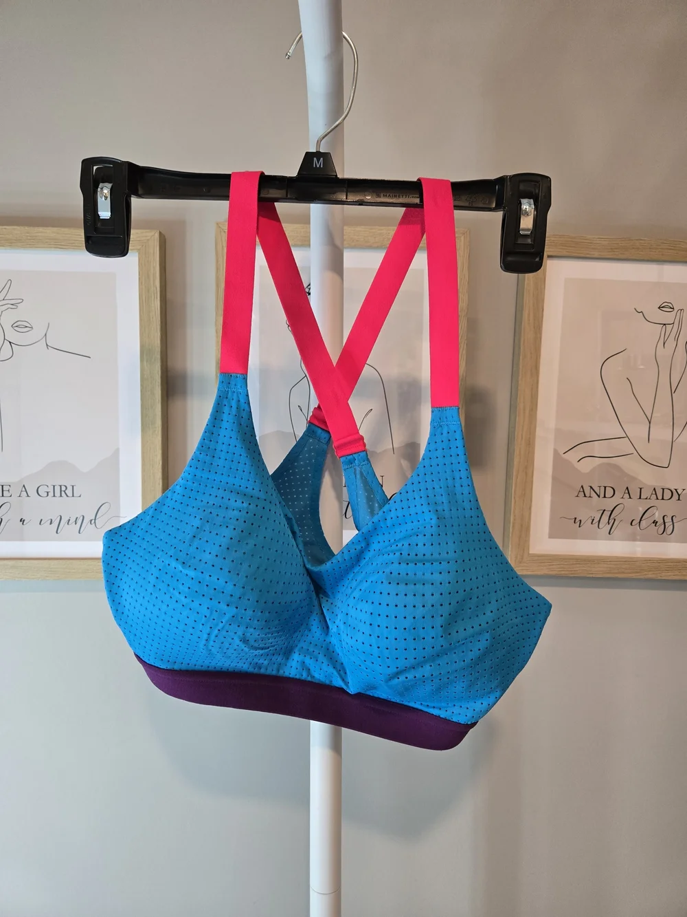Victoria's Secret Blue Sports Bra with Pink Straps and Purple Band